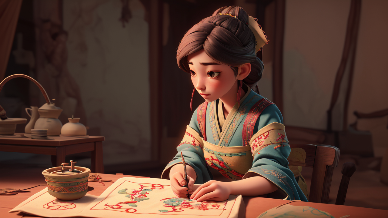 动画角色在古代学习蜀绣技艺